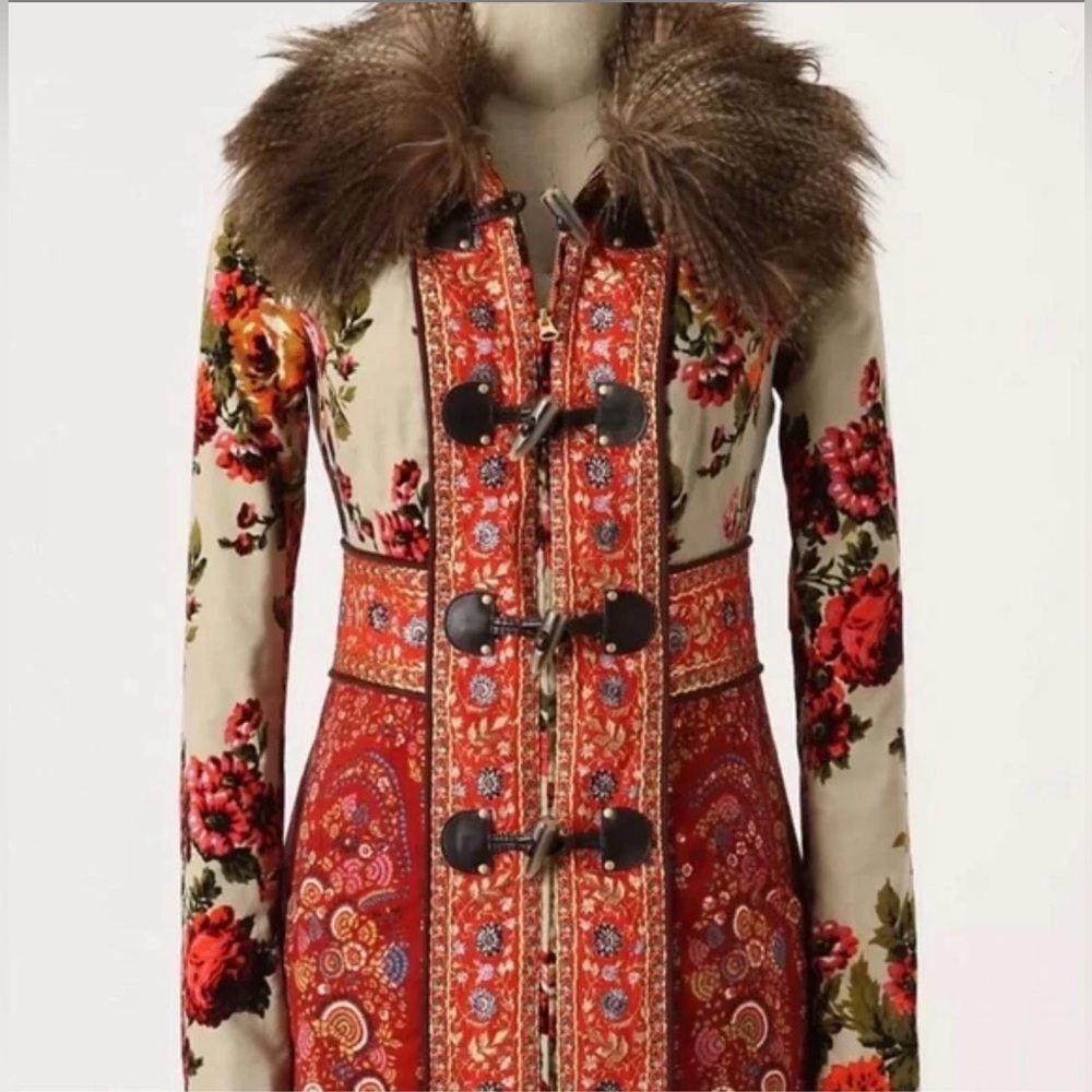Anthropologie Red Floral Cape with Faux Fur Trim